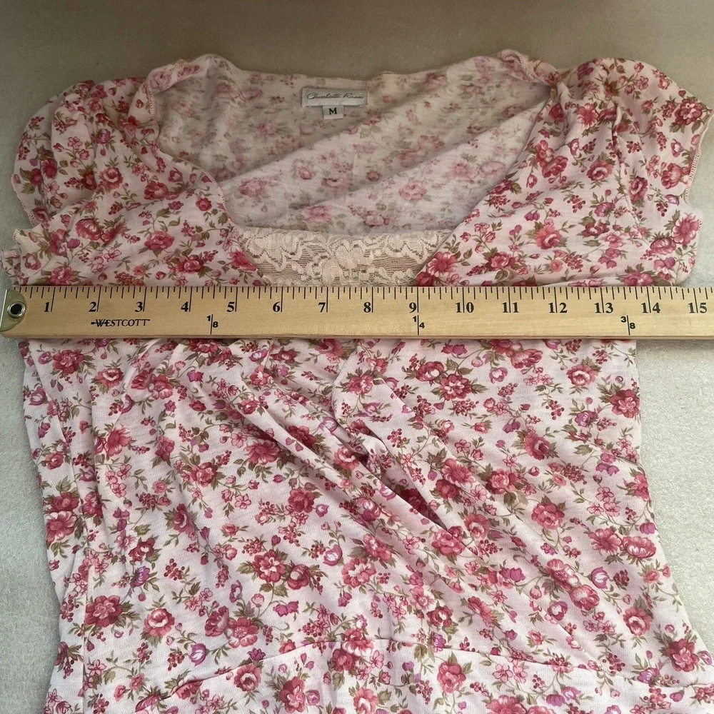 Vintage Y2K Charlotte Russe Shirt Women M White Pink‎ Floral Lace Detail Y2K Top